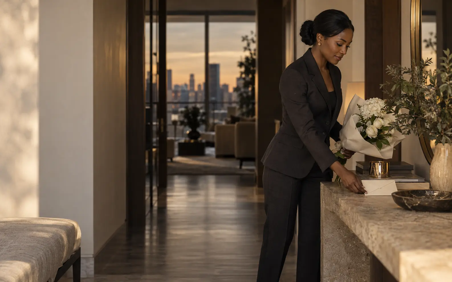 A private concierge completing a delivery in a refined home