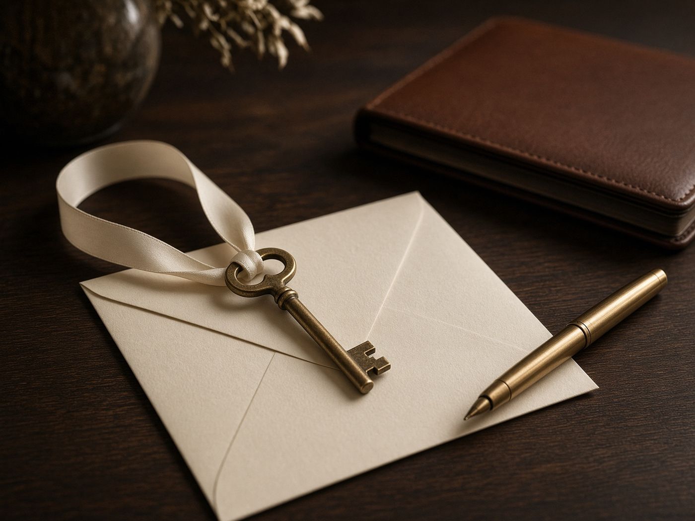 Brass key and stationery on a walnut desk