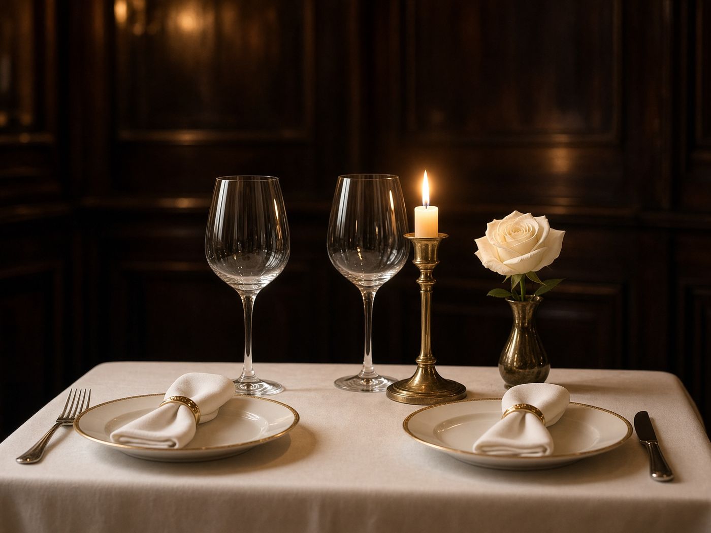 Candlelit dining table set for two