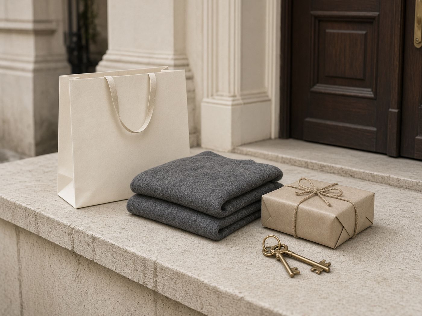 Shopping bag and folded clothing on a stone bench