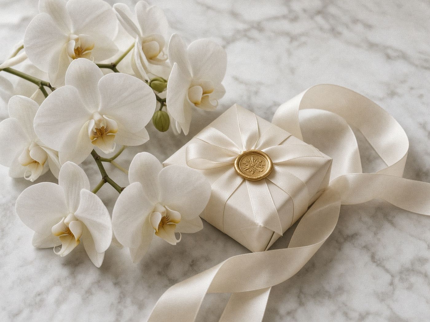 White orchids beside an ivory wrapped gift