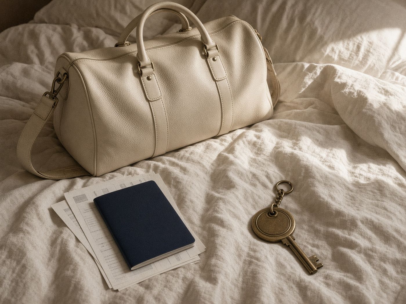 Overnight bag and travel essentials on hotel linens